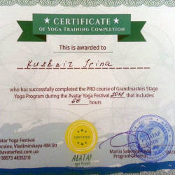 Ирина Кушнир: Сертификат об участии в фестивале «Аватар 2018»